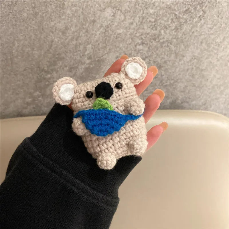 Handmade knitted AirPods protective case with koala bear backpack design for wireless earbuds