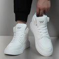 White microfiber men's casual shoes with round toe design for autumn and winter leisure wear