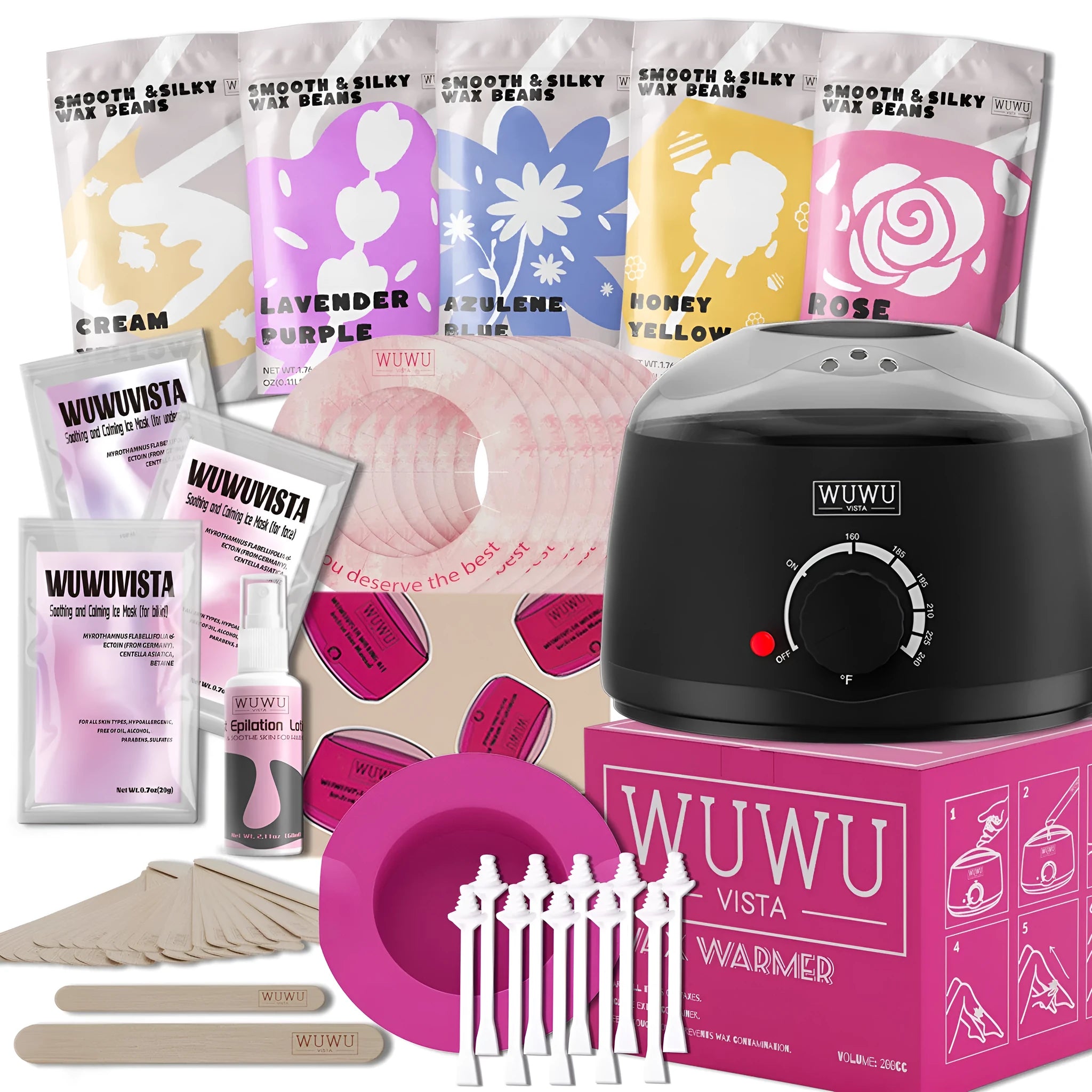 Professional waxing kit with wax warmer, five types of hard wax beans, application sticks, and post-epilation products.