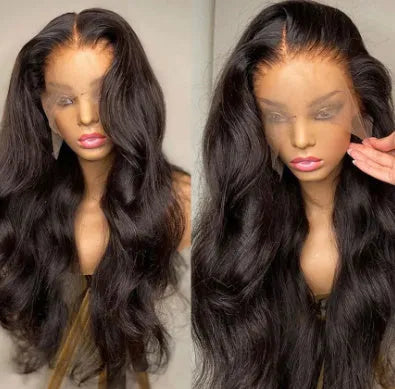 Long black to piano gradient curly front lace wig with side bangs, 134cm length.