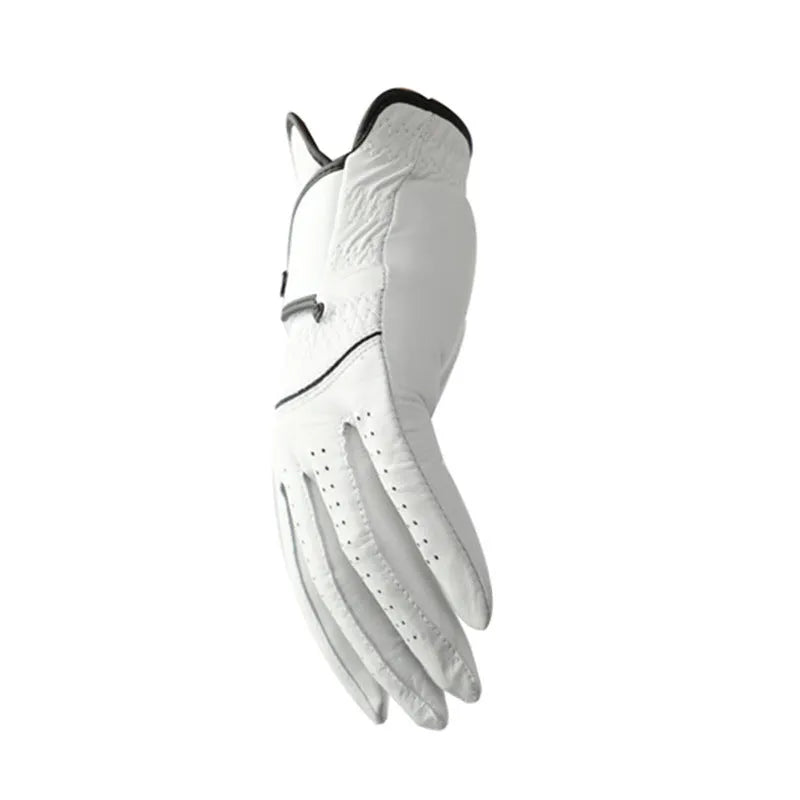 Men's white half sheepskin golf glove showing non-slip palm detail.