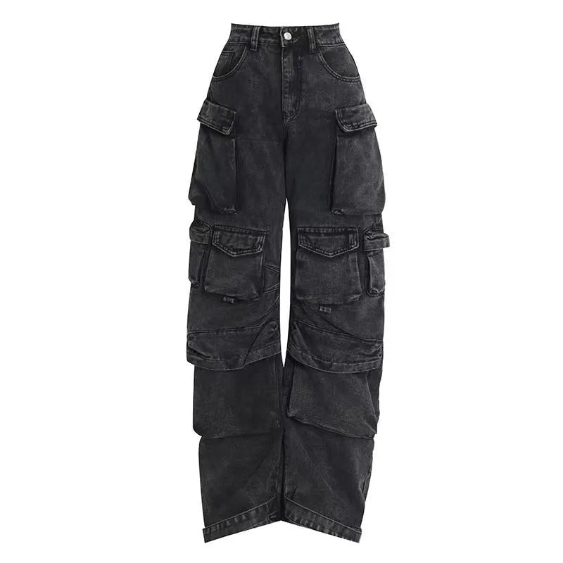 Women's tie-dyed high waist wide leg jeans with multiple pockets in street hipster style