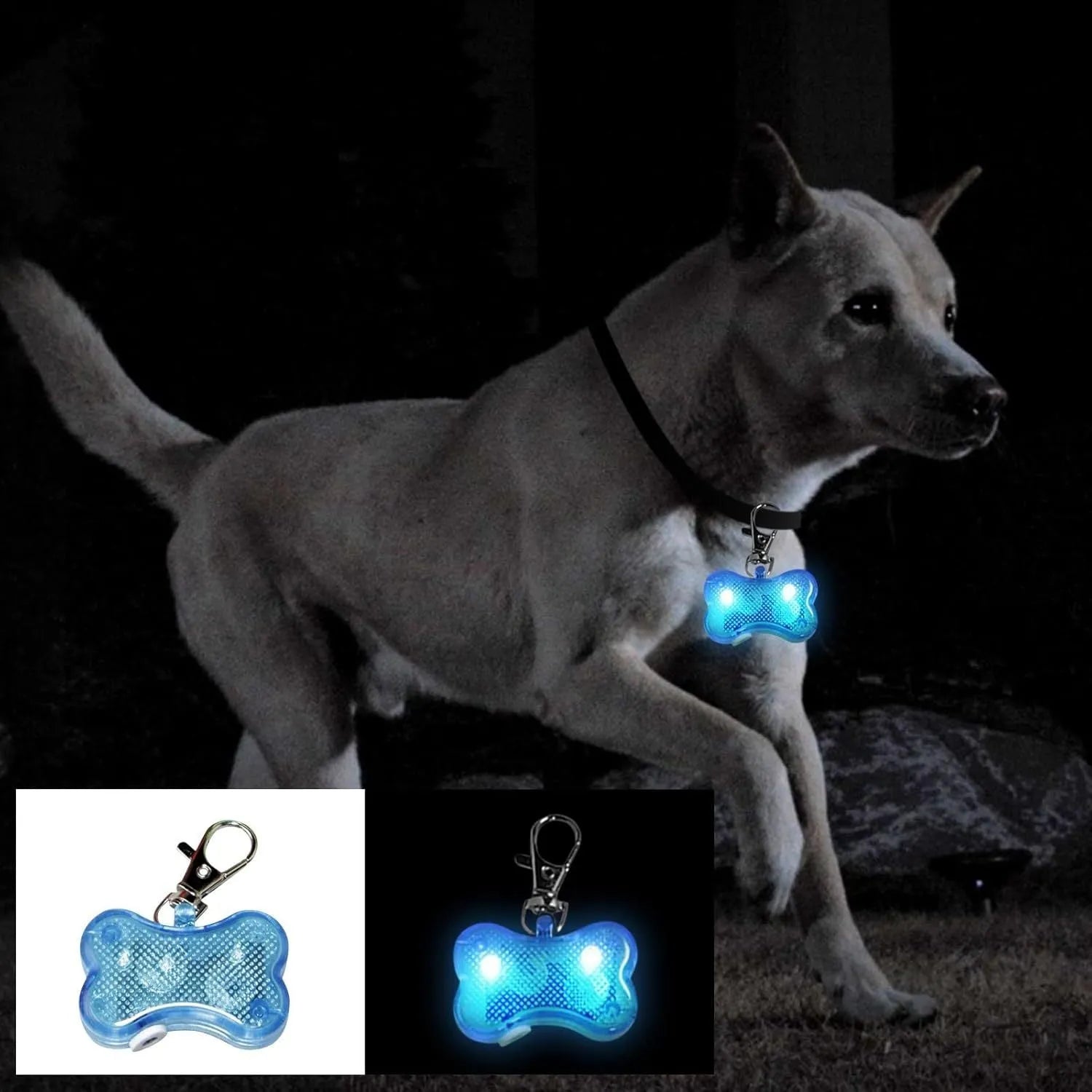 Blue bone-shaped LED pet pendant showing dimensions and attachment loop for collars