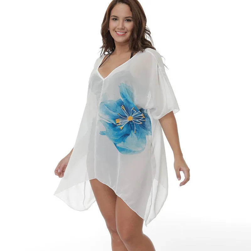 White plus size loose fit beach cover-up blouse for women, shown as swimwear cover.
