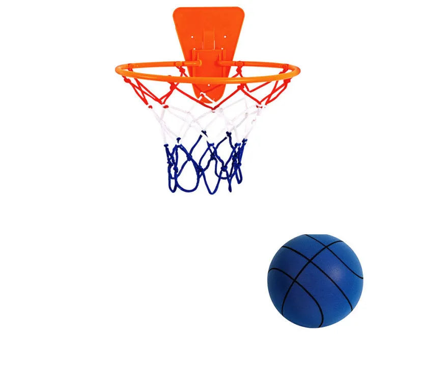 Silent foam basketball training ball in assorted bright colours with basketball hoop