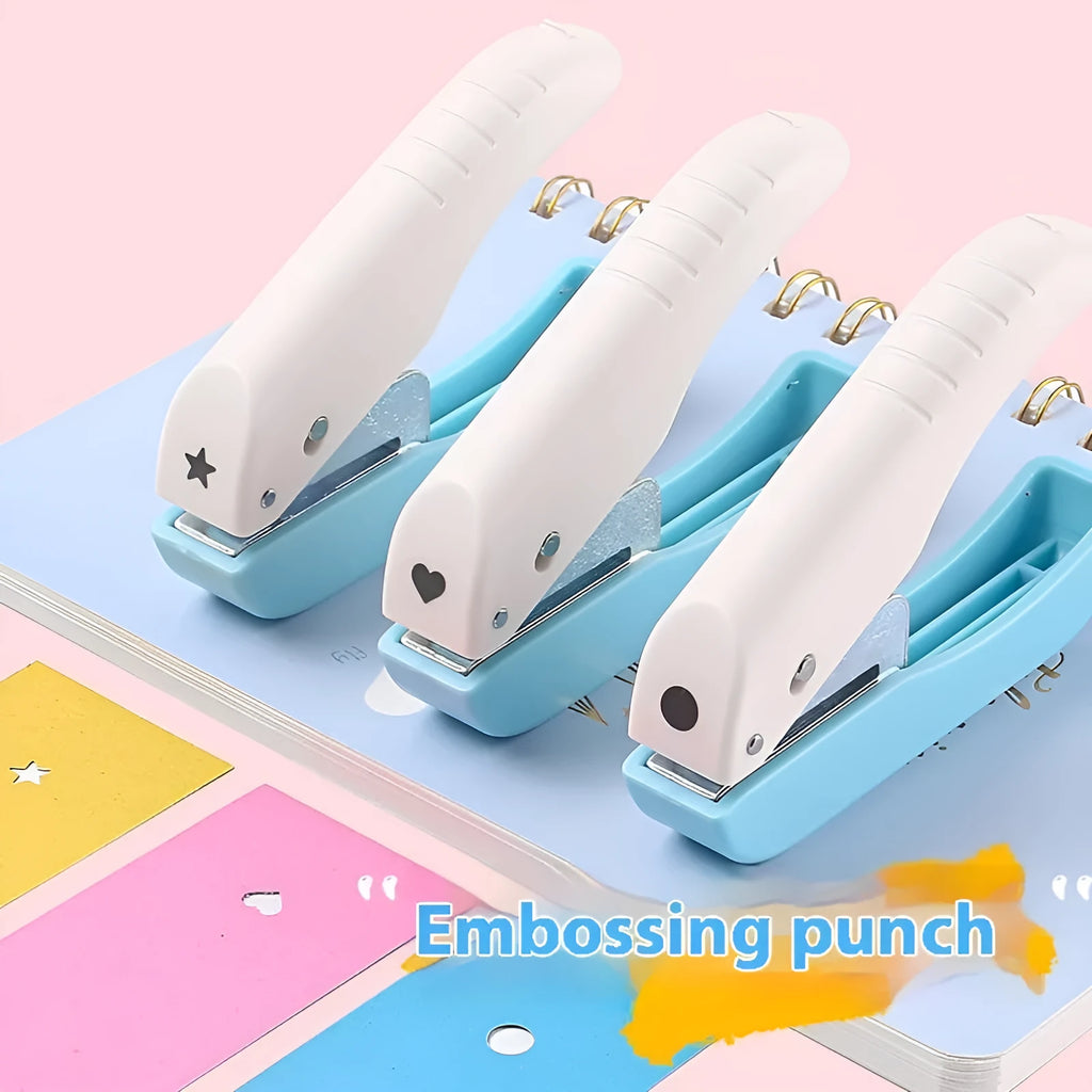 Small manual embossing punching machine with love, star, and round pattern dies for paper crafts.