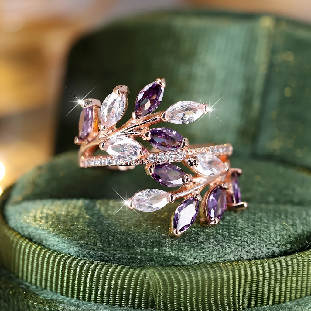 Adjustable copper leaf ring with horse eye zircon stone in multiple colour options