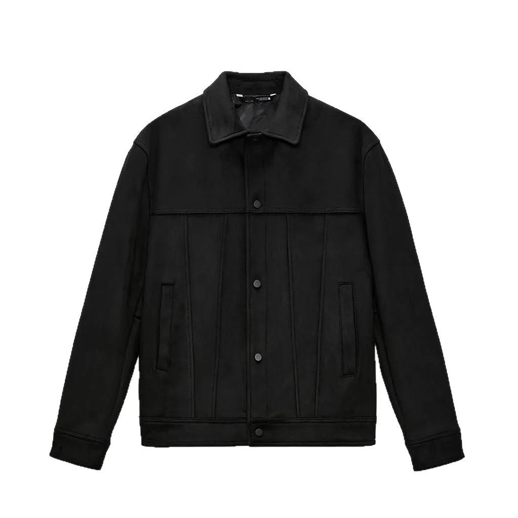 Men's black hooded jacket with a suede collar, showing side seam pockets and long sleeves.