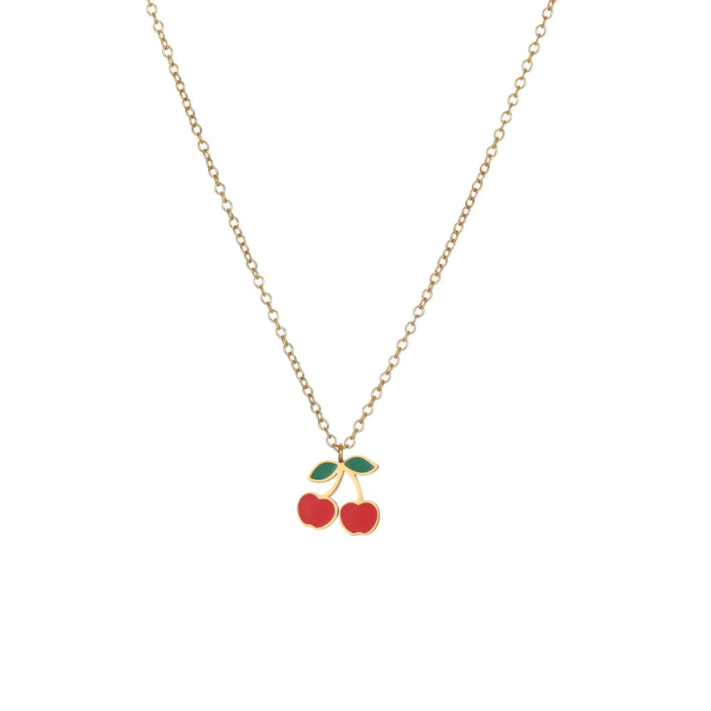 Complete cherry jewellery set showing stainless steel necklace, bracelet, earrings and ring with 18K electroplated finish