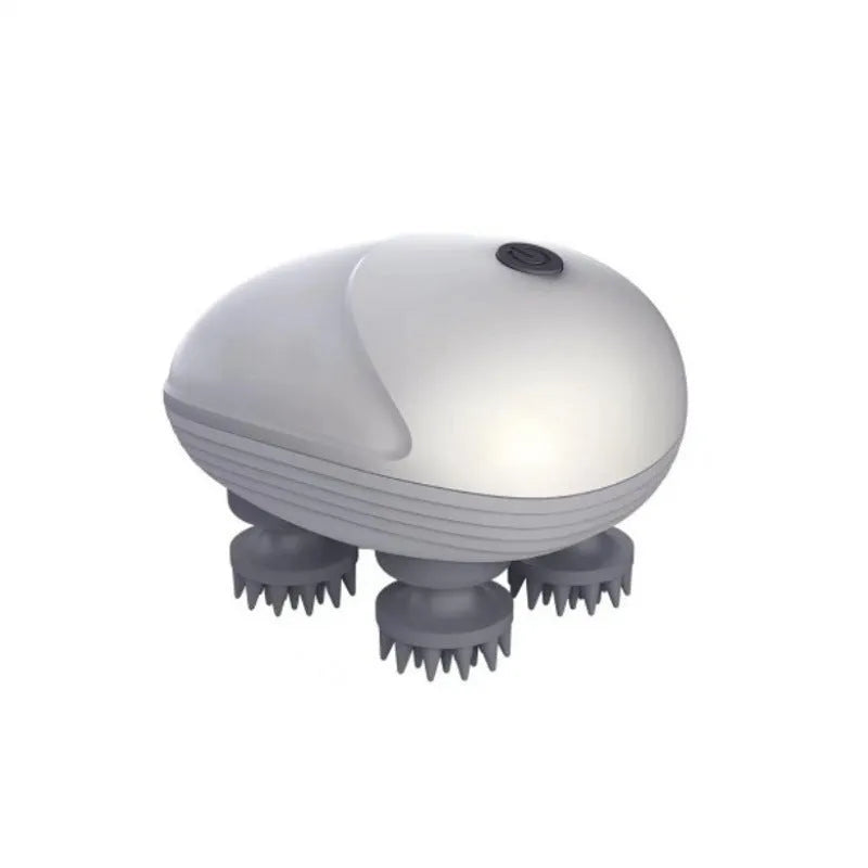 Blue handheld electric pet massager with four rotating silicone heads on a white background.