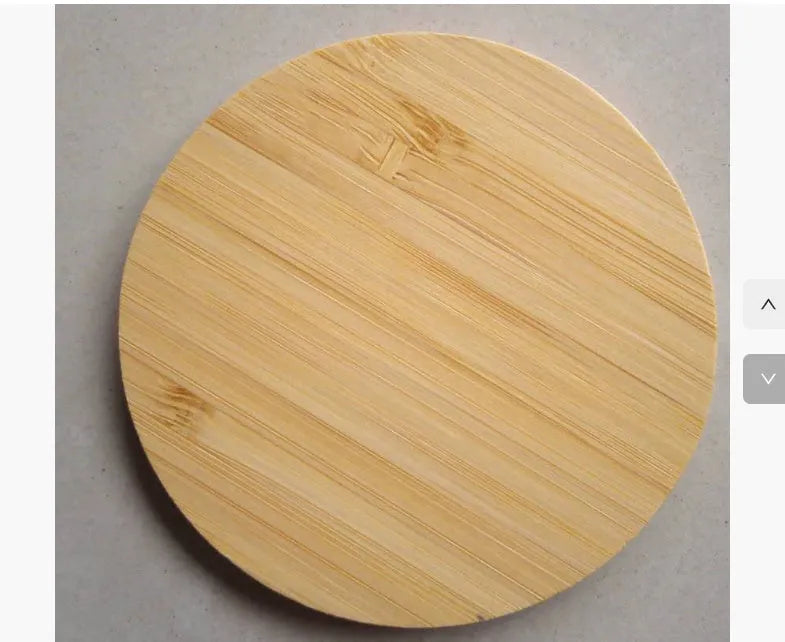 Square bamboo wood 5W wireless charging pad with LED indicator lights.