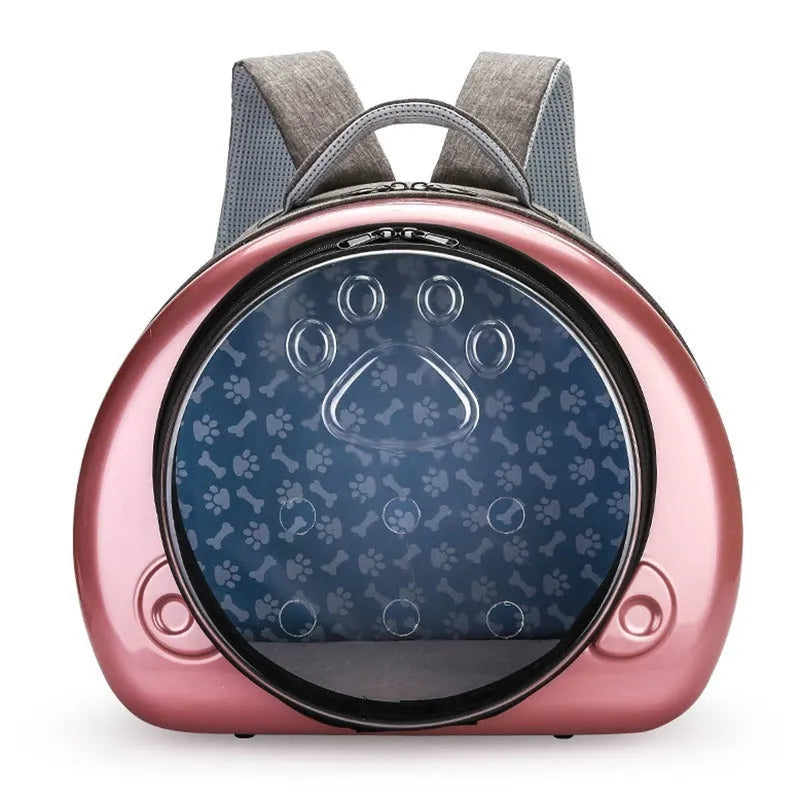 Transparent space capsule cat carrier bag with a metallic hard shell front cover