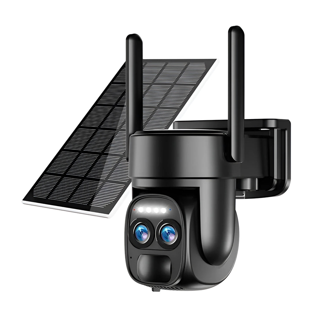 Solar-powered outdoor surveillance camera with 8x zoom lens on a mounting bracket.