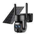 Solar-powered outdoor surveillance camera with 8x zoom lens on a mounting bracket.