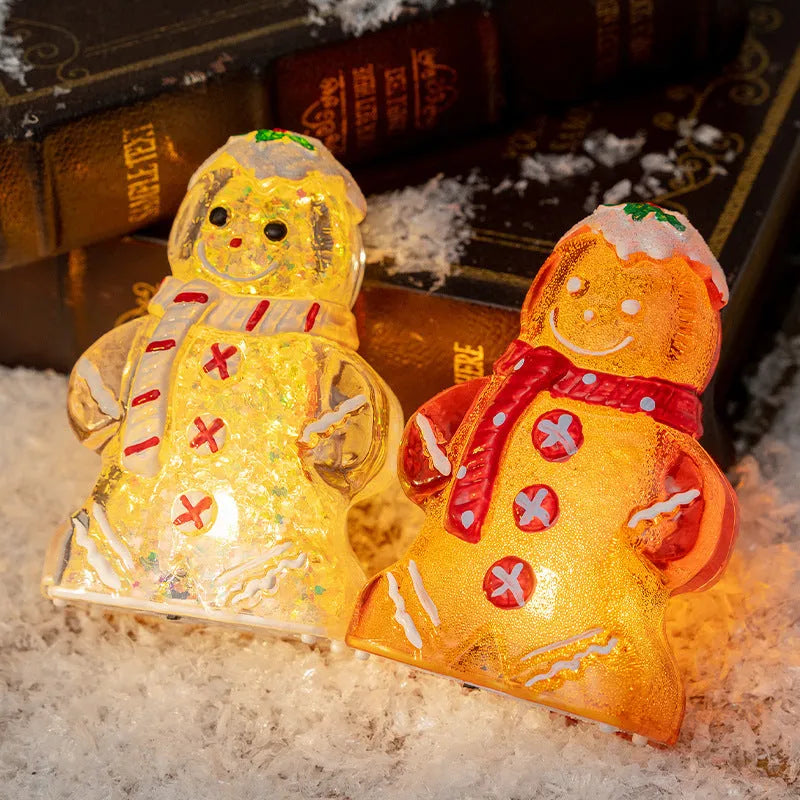 Glowing plastic gingerbread man and snowman Christmas ornament with modern design in red scarf variation
