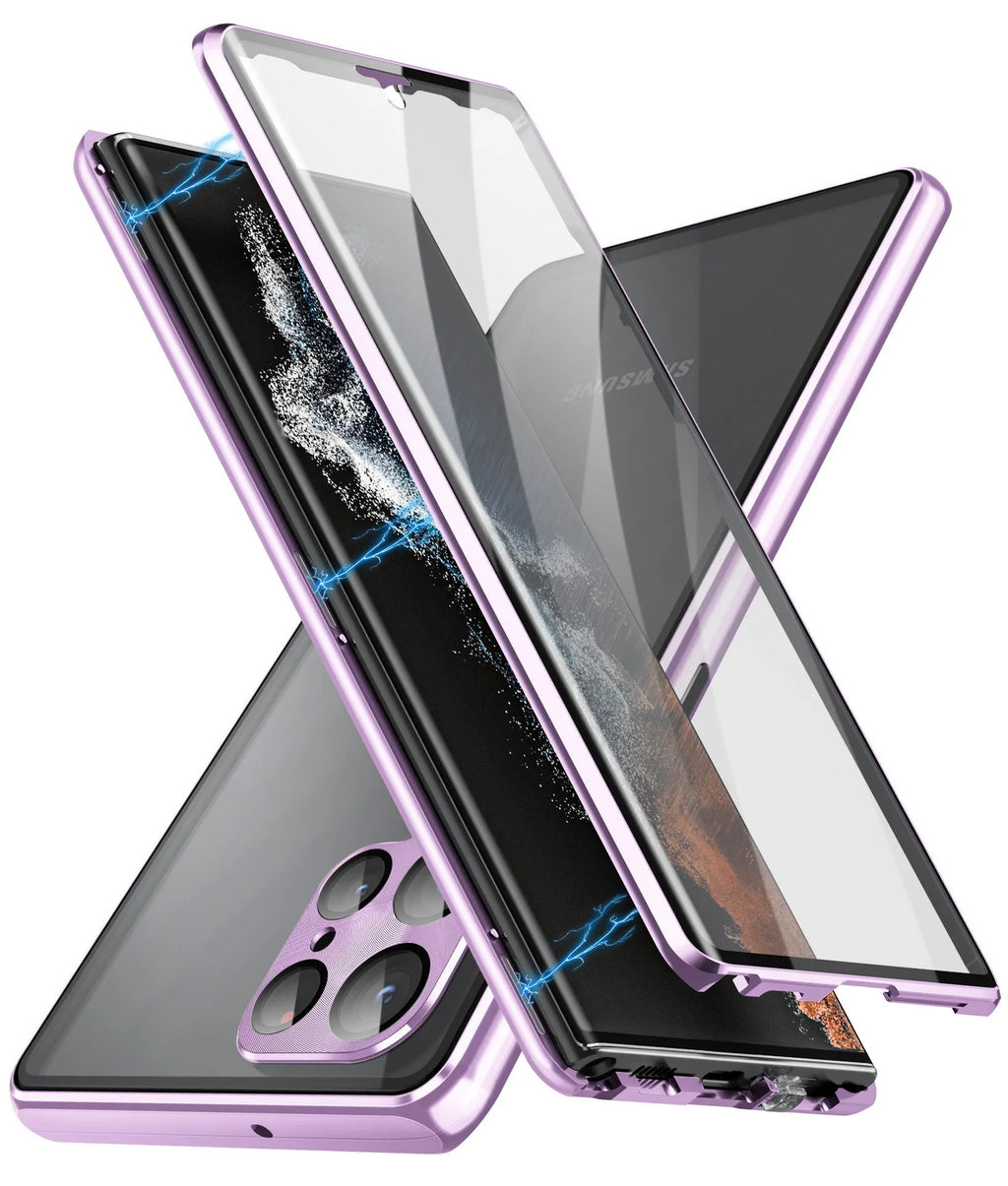 Black metal magnetic phone case with mirror for Samsung Galaxy S24 Ultra on a table.