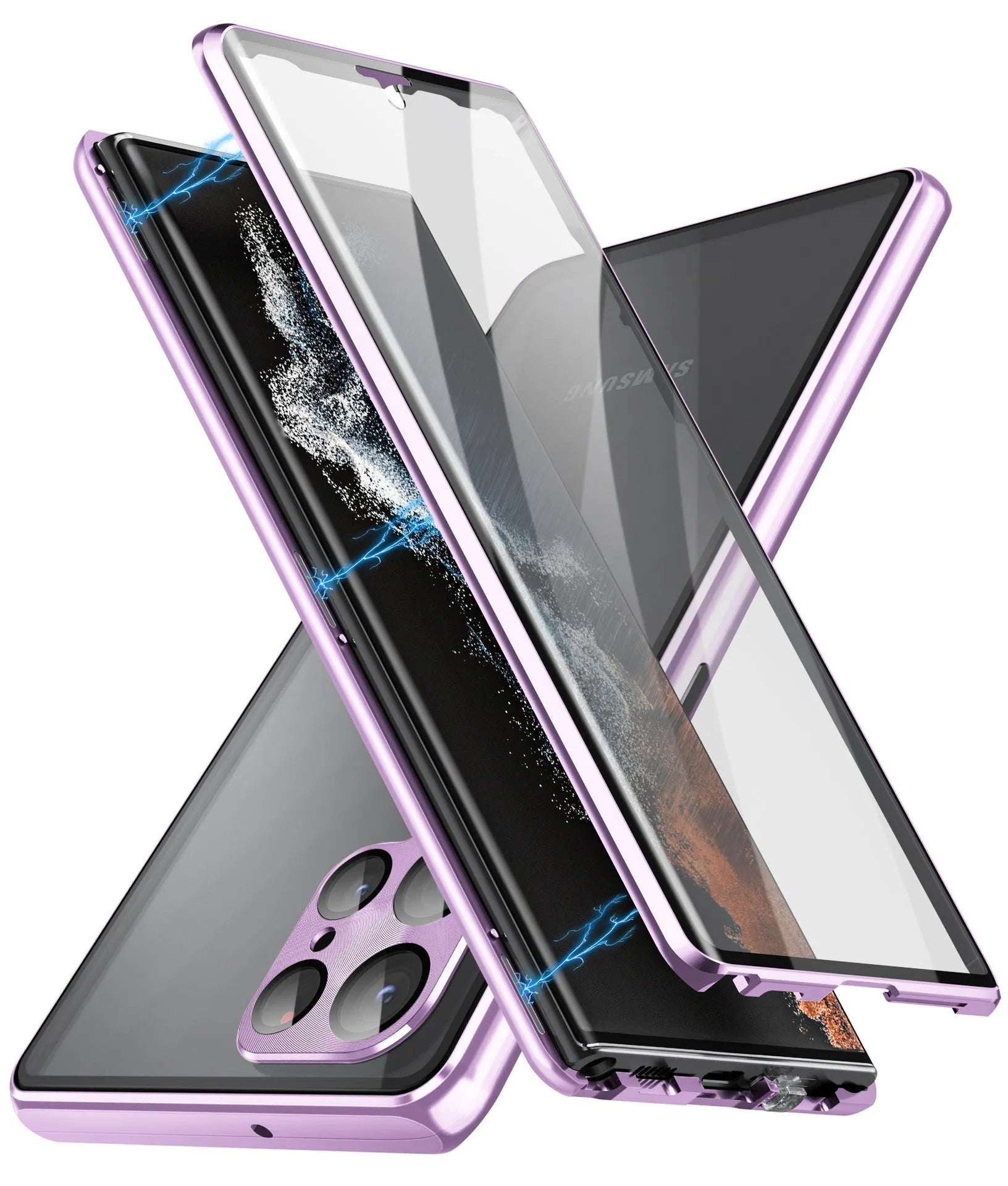 Black metal magnetic phone case with mirror for Samsung Galaxy S24 Ultra on a table.