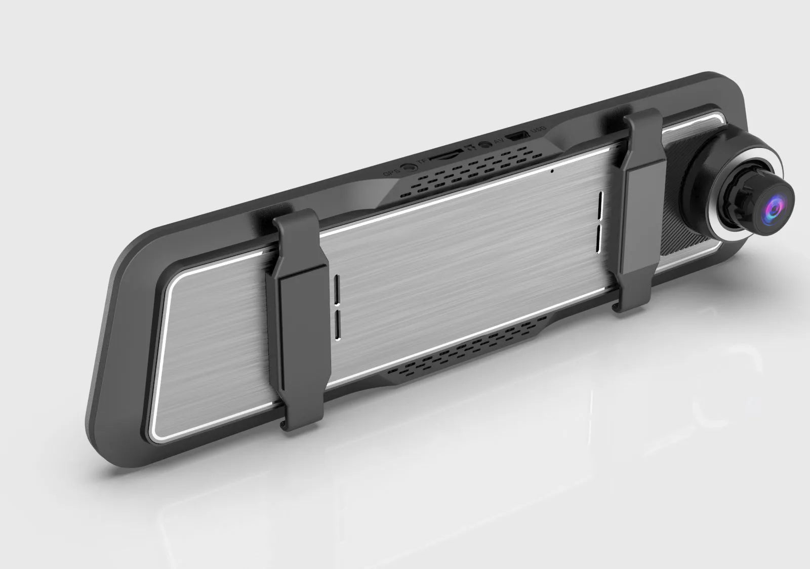 Dual-lens driving recorder with 9.66-inch touchscreen installed at rearview mirror position