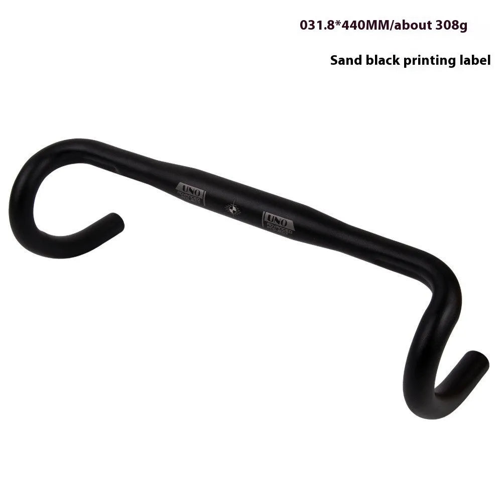 Black UNO aluminium alloy road bike drop handlebar showing curved shape and 31.8mm clamp section.