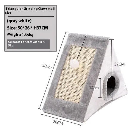 Grey and white triangle-shaped cat scratching post with an integrated fleece fabric bed.
