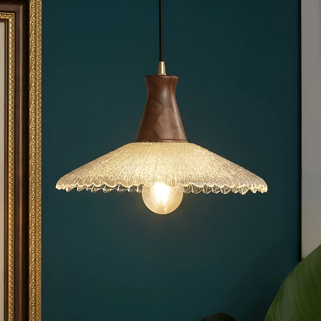 Retro wood and glass chandelier with brass finish in three size options
