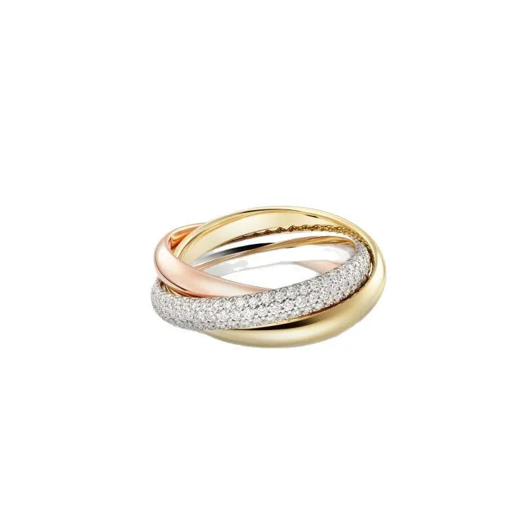 Geometric U-shape sterling silver couple ring with a full diamond band, shown in a gold rose silver finish.