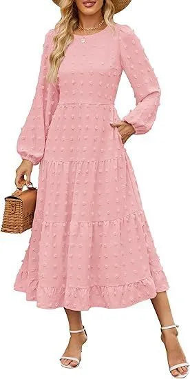 Women's beige long sleeve casual dress with ruffled sleeves and a high waist, shown on a hanger.