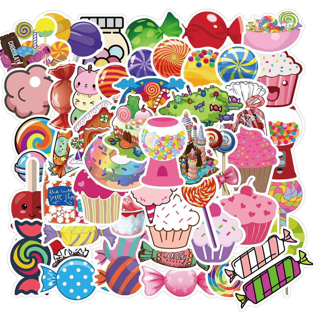 50 colourful candy graffiti adhesive stickers with cartoon designs measuring 4-6cm