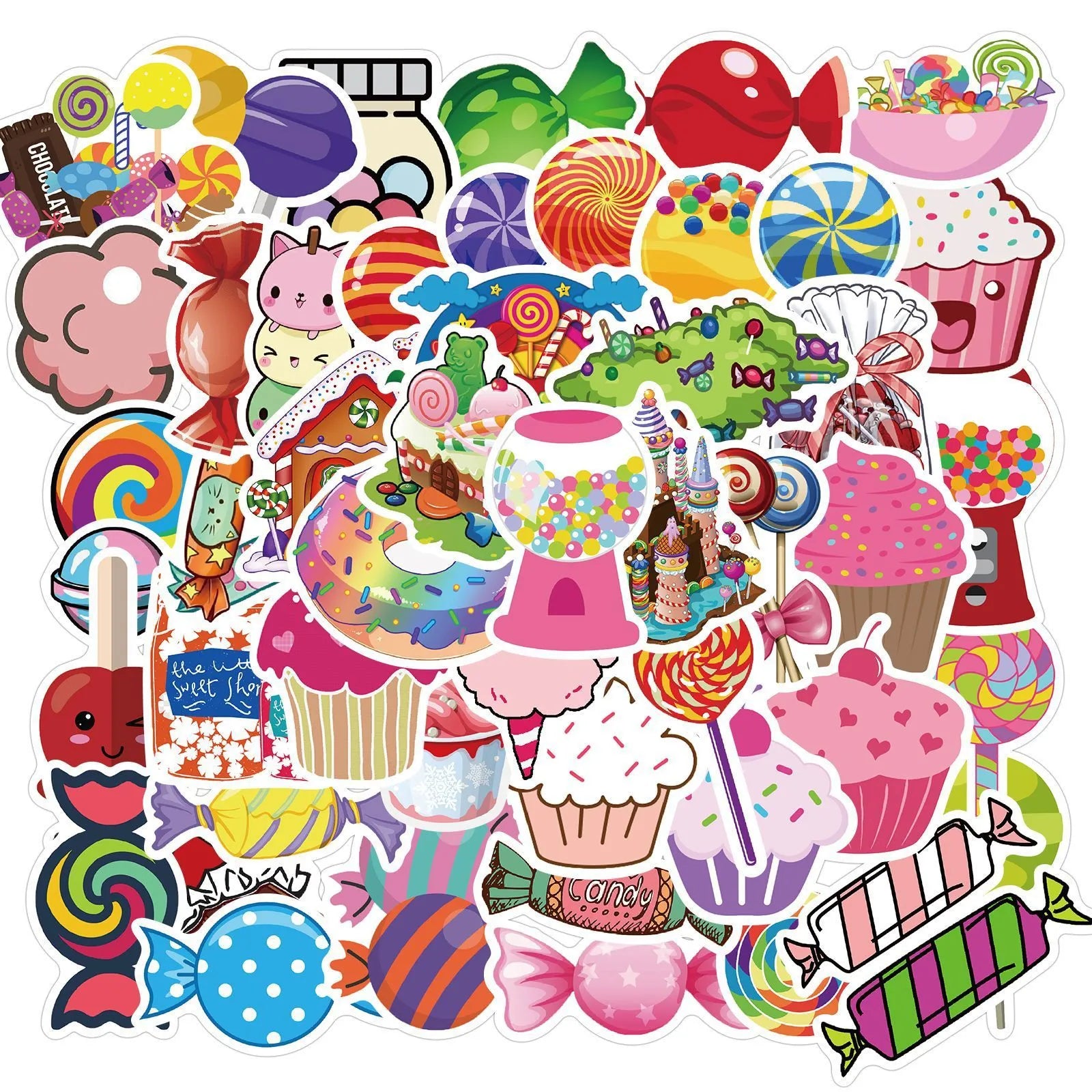 50 colourful candy graffiti adhesive stickers with cartoon designs measuring 4-6cm