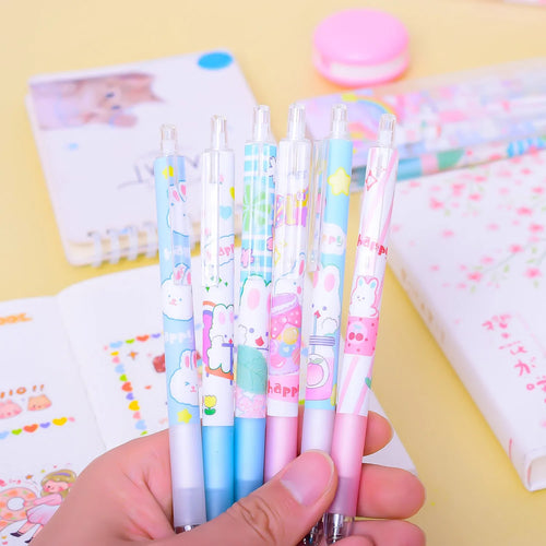 Six cartoon bunny design ballpoint pens with 0.5mm tips and neutral black ink