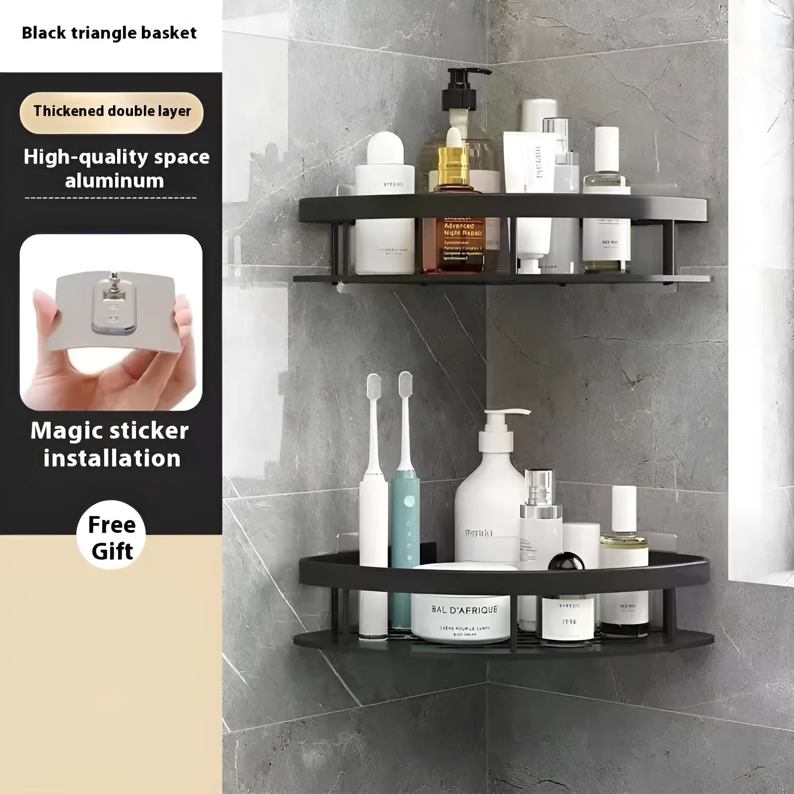 Black wide-brimmed double triangle bathroom storage rack with multiple shelves mounted on a wall.