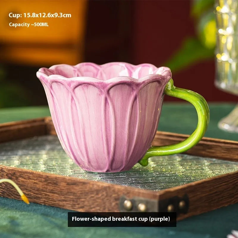 Ceramic breakfast cup with pastoral floral pattern and comfortable handle holding 500ml capacity