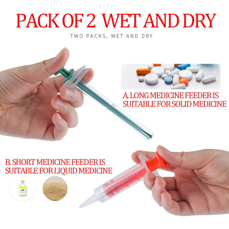 Two silicone pet pill shooters for administering tablets and capsules to cats and dogs