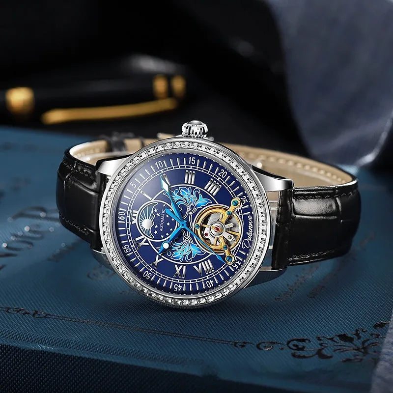 Men's mechanical watch with transparent case back showing movement and stainless steel strap