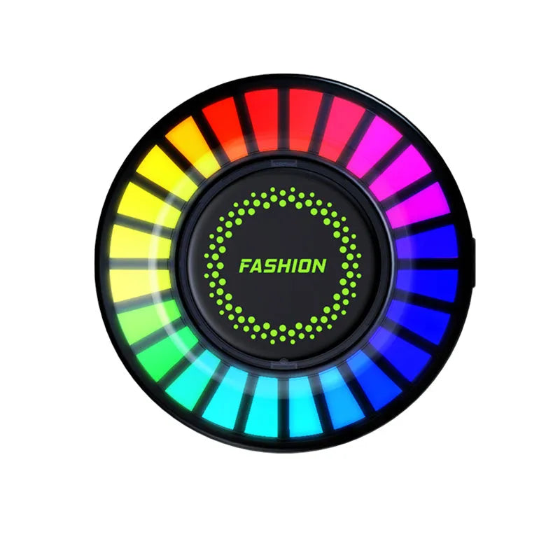 3D RGB car atmosphere light with aromatherapy mounted on a vehicle air outlet vent showing colorful lighting effects.