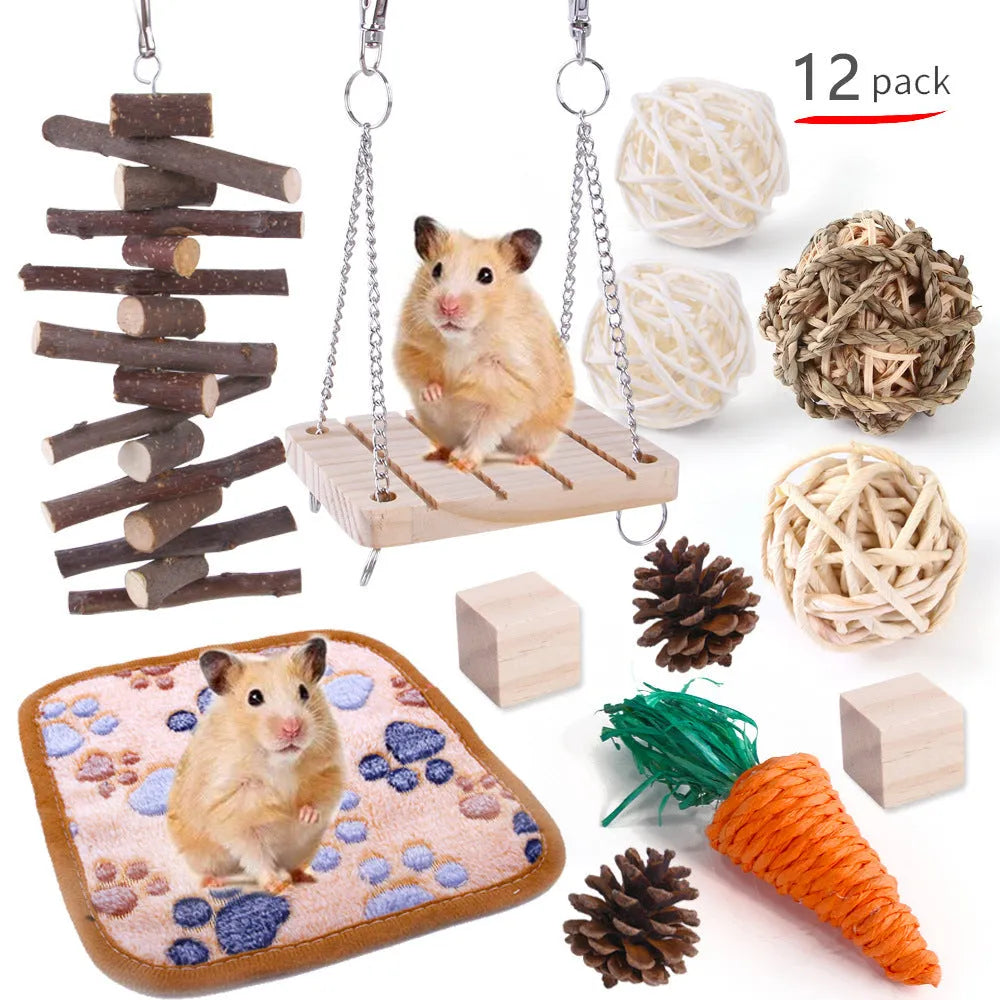 Assortment of wooden and natural fibre chewing toys for pet rabbits, guinea pigs, and parrots on a straw mat