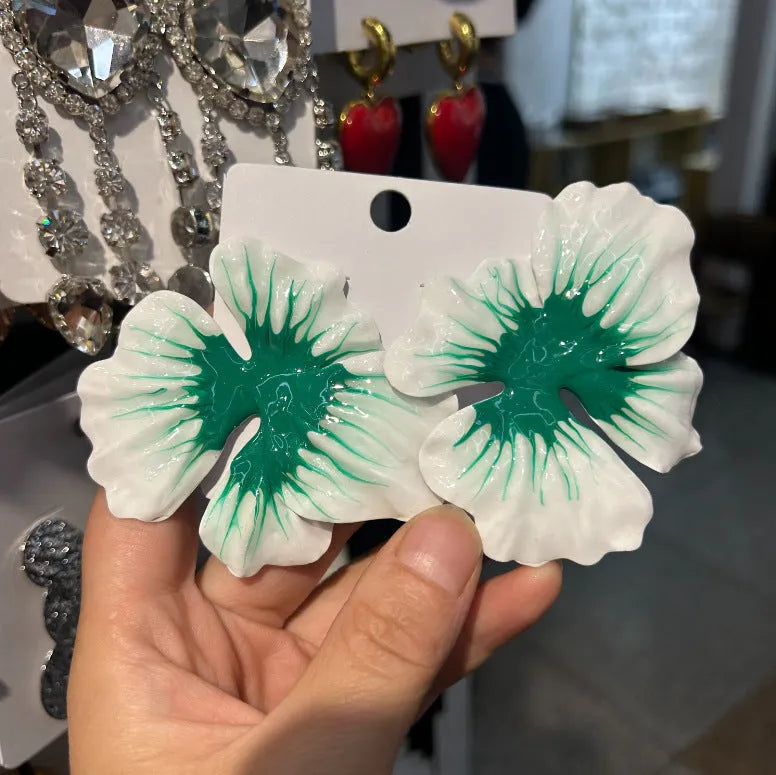 Pastoral style alloy flower stud earrings with oil-spot glaze finish in blue, green, purple, or rose colours
