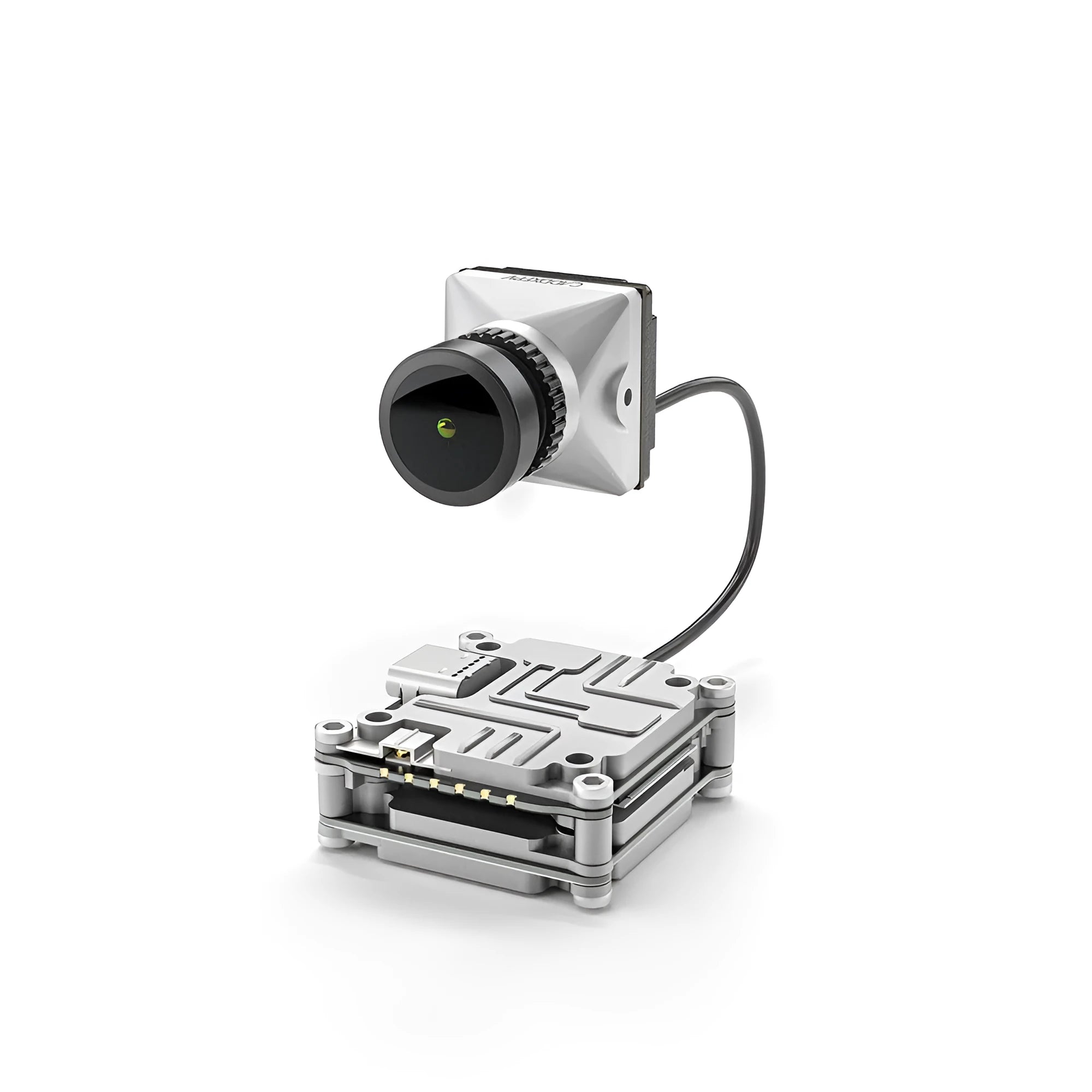 Silver Caddx ADAPTS digital video transmitter kit for DJI FPV drones with screws and cables.