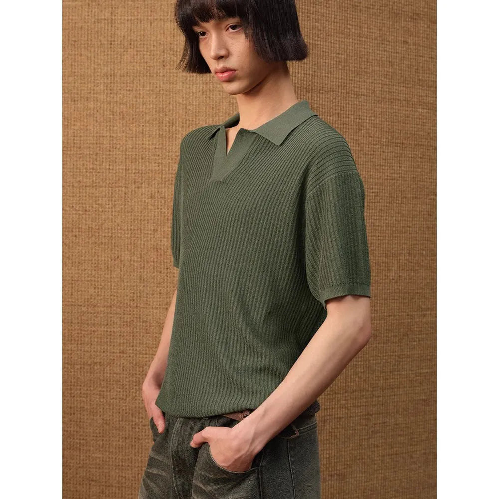 Men's creamy-white striped polo shirt with business collar on hanger