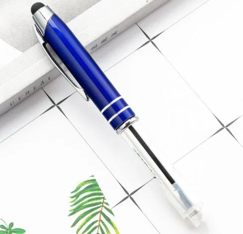 Red metal multifunctional pen with capacitive stylus tip, ballpoint, and LED light