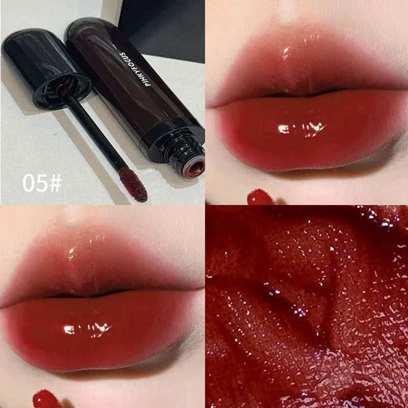 Black shiny Mirror Lip Lacquer with six colour shades displayed