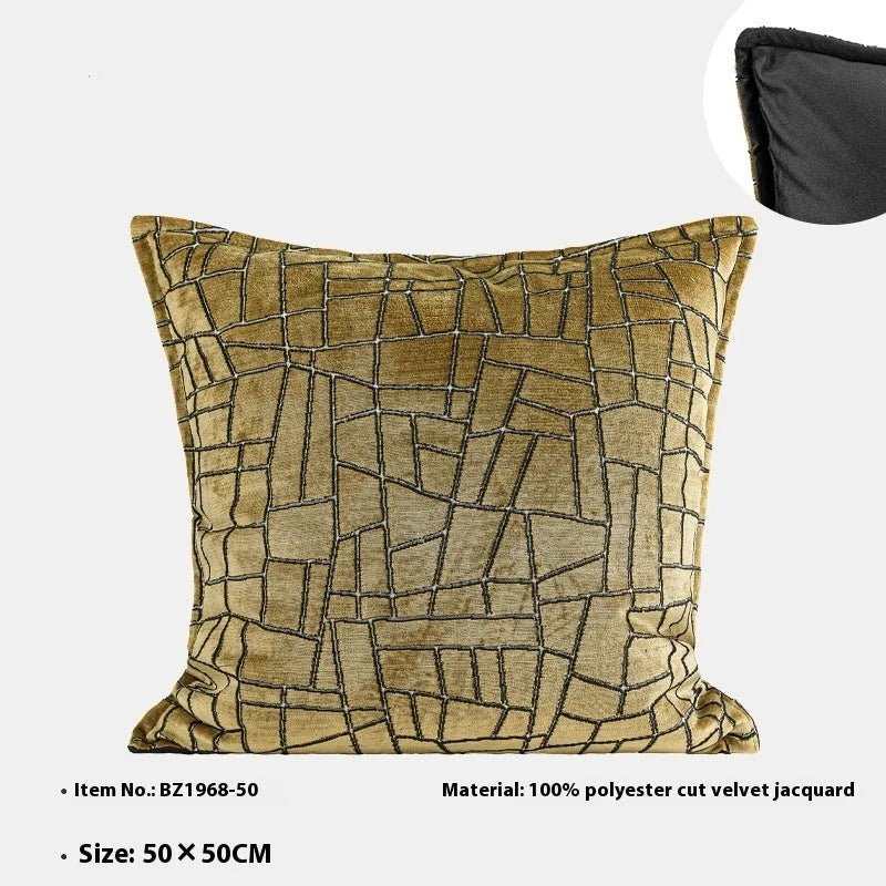 Geometric abstract pattern cushion cover in gold colour on polyester feather velvet fabric