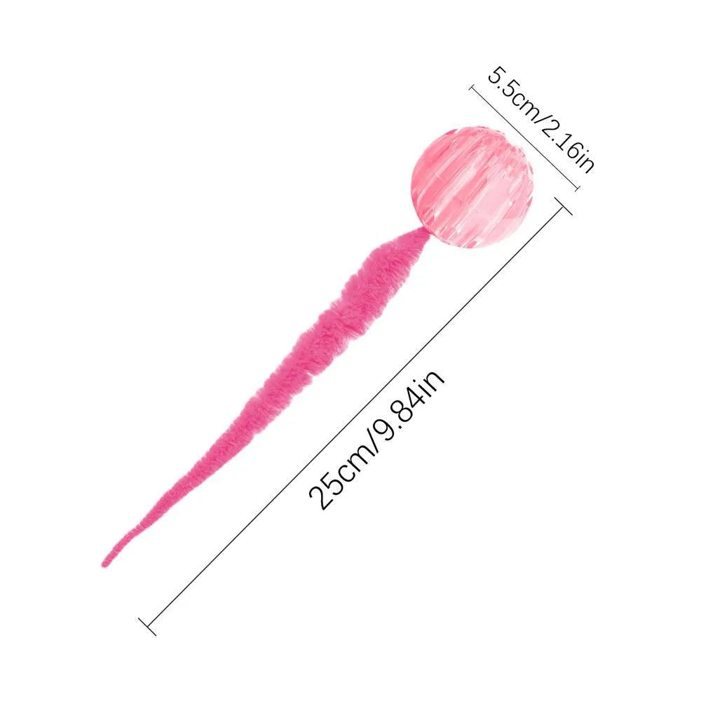 Interactive cat ball toy with worm-like plush tail in green, pink or purple colours