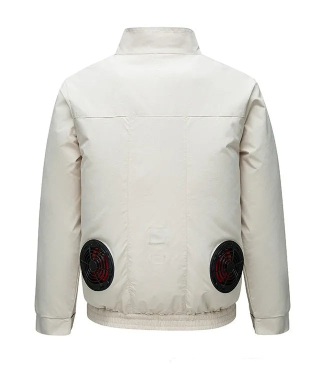 Men's black smart air conditioning outdoor work jacket with built-in cooling fan system and multiple ventilation holes.