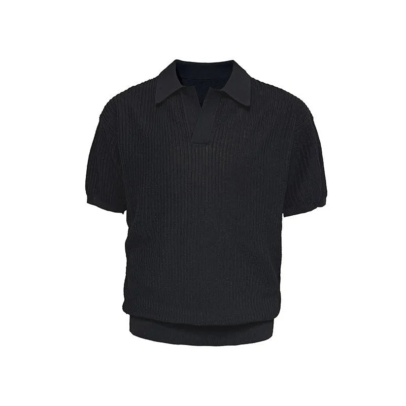 Men's creamy-white striped polo shirt with business collar on hanger