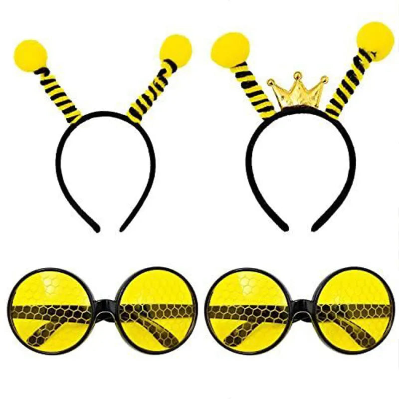 Yellow bee costume headband and glasses set with black stripes for children's dress up and parties