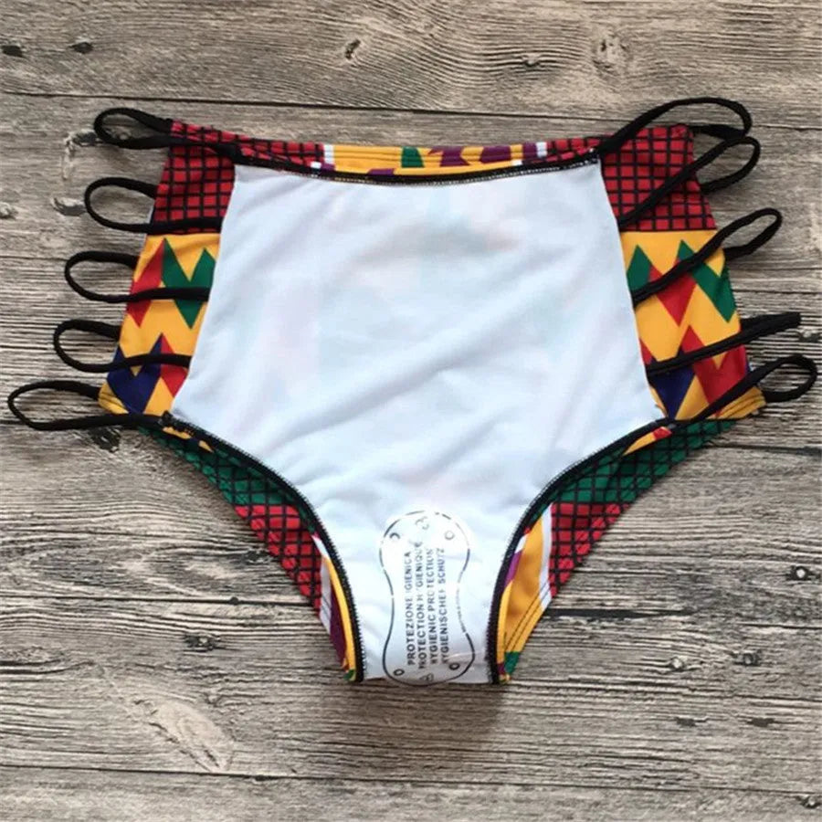 Women's high-waist bikini swimsuit with digital pattern and backless design.