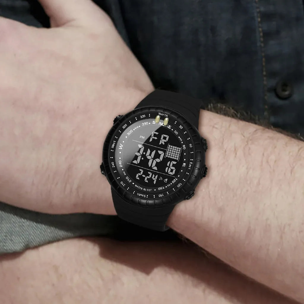 Black waterproof digital watch for men with plastic case and adjustable PU strap