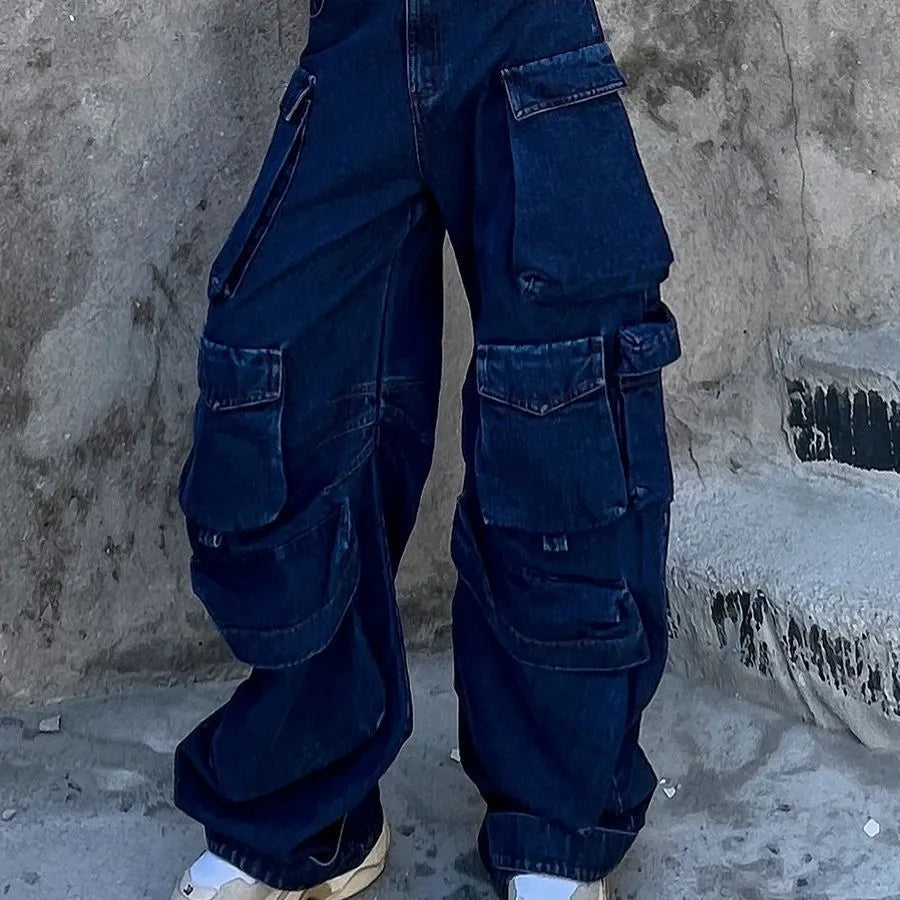 Dark blue distressed wide-leg women's jeans with high waist and multiple utility pockets