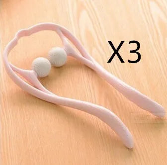 Plastic hand roller neck massager with adjustable stand and removable head in pink, blue, or green colours.
